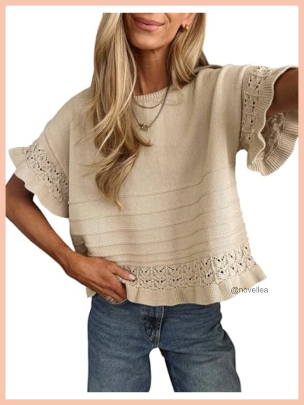Women's Short Sleeve Knit Sweater Ruffled Hem Pullover Blouse